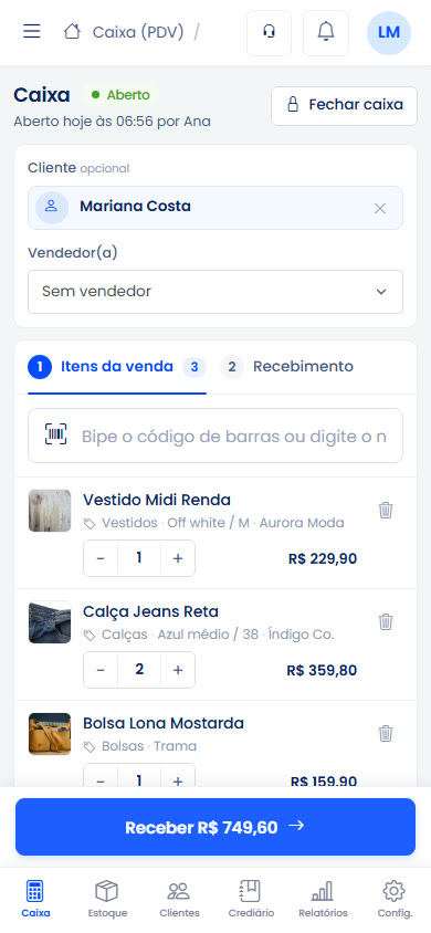 Caixa do PDV Loja no celular com três peças na venda